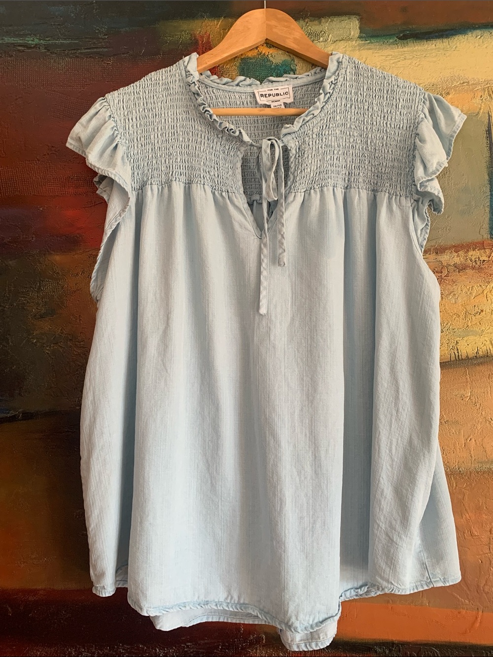 Light Wash 100% Tencel Smocked Blouse, Size 2XL